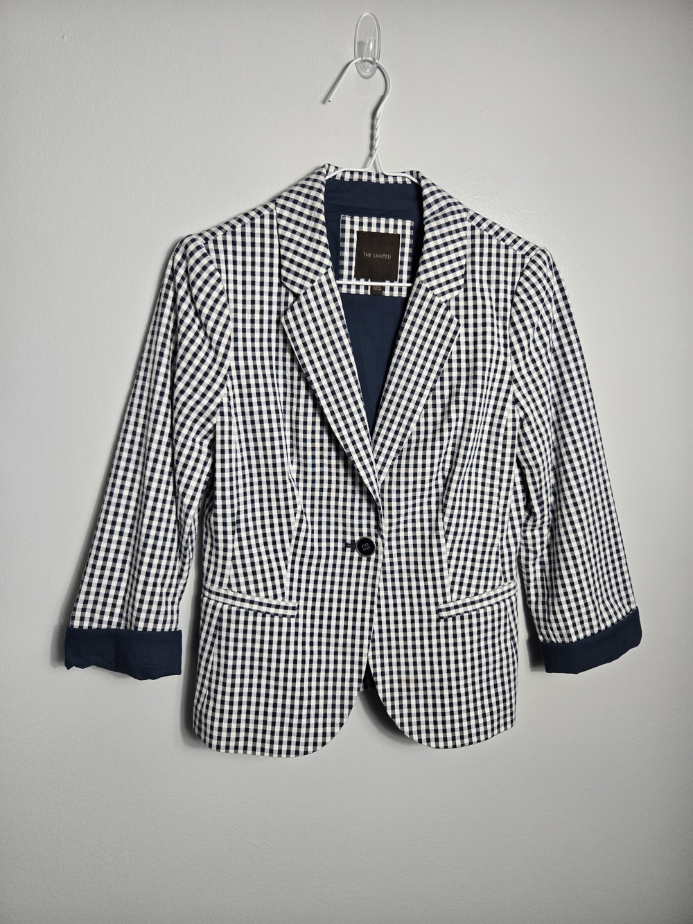 The Limited Navy Blue Gingham Check Cuffed 3/4 Sleeve Blazer Jacket Size XS